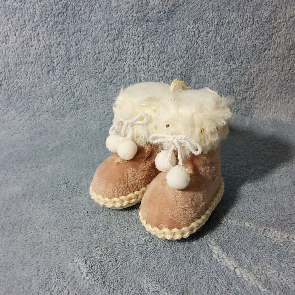 Cozy Plush Winter Booties Christmas Tree Ornament White Faux Fur Trim Gold Speck